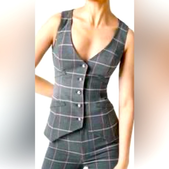 Smythe NEW Windowpane cutaway waistcoat vest grey & pink wool blend size 6 - Picture 1 of 11